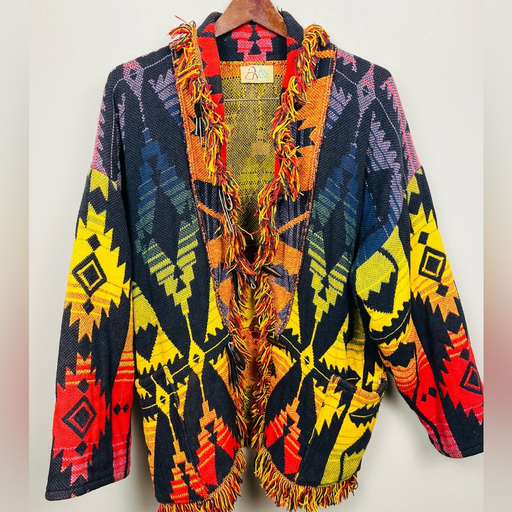 Vintage It’s in the Bag Colorful Blanket Coat – Southwest Fringe Jacket - M/L